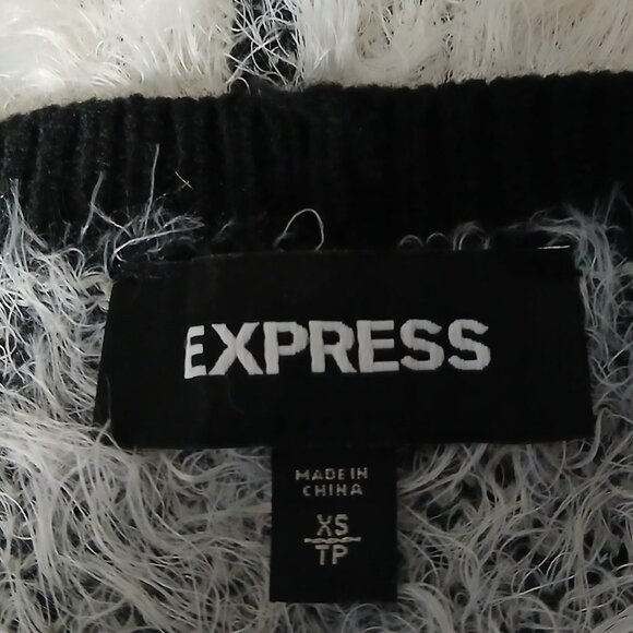 Express Sweater XS Slit Shoulder Black White Plaid Fuzzy Eyelash Knit - Picture 8 of 9